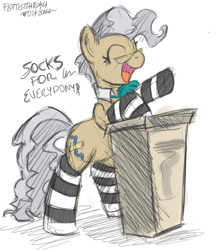 Size: 1440x1669 | Tagged: safe, artist:flutterthrash, mayor mare, pony, 30 minute art challenge, bipedal, clothes, cute, dialogue, eyes closed, happy, open mouth, podium, simple background, smiling, socks, solo, striped socks, white background