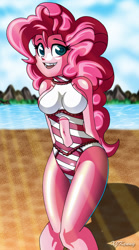 Size: 800x1440 | Tagged: safe, artist:xjkenny, pinkie pie, equestria girls, beach, clothes, navel cutout, one-piece swimsuit, solo, swimsuit