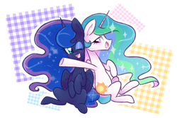 Size: 1533x1022 | Tagged: safe, artist:distractedsketching, artist:theluckyangel, princess celestia, princess luna, alicorn, pony, abstract background, cute, duo, female, mare, one eye closed, open mouth, profile, royal sisters, siblings, sisters, sitting, wink