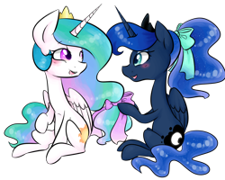 Size: 1000x800 | Tagged: safe, artist:distractedsketching, artist:theluckyangel, princess celestia, princess luna, alicorn, pony, alternate hairstyle, blushing, bow, crown, cute, cutelestia, duo, female, hair bow, jewelry, lunabetes, mane styling, mare, open mouth, ponytail, profile, regalia, royal sisters, siblings, simple background, sisterly love, sisters, sitting, transparent background