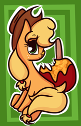Size: 1691x2603 | Tagged: safe, artist:hedgehog-plant, applejack, earth pony, pony, abstract background, apple, female, food, mare, sitting, solo, toffee apple