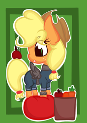 Size: 1826x2580 | Tagged: safe, artist:hedgehog-plant, applejack, earth pony, pony, abstract background, apple, artificial wings, augmented, carrot, clothes, female, food, looking back, mare, mechanical wing, solo, wings