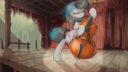 Size: 2400x1350 | Tagged: safe, artist:darksittich, octavia melody, earth pony, ghost, pony, fallout equestria, bow (instrument), cello, cello bow, cover art, musical instrument, solo, spotlight, stable-tec, stage
