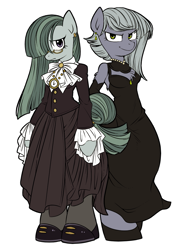 Size: 747x1034 | Tagged: safe, artist:umeguru, limestone pie, marble pie, anthro, earth pony, unguligrade anthro, arm hooves, black dress, chest fluff, clothes, dress, duo, earring, female, glasses, looking at you, mare, piercing, siblings, simple background, sisters, smiling, white background