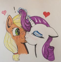 Size: 1271x1280 | Tagged: safe, artist:animestuckneko, applejack, rarity, earth pony, pony, unicorn, blushing, exclamation point, eyes closed, female, heart, kissing, lesbian, magic, rarijack, shipping