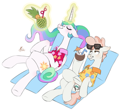 Size: 1920x1745 | Tagged: safe, artist:polymercorgi, princess celestia, svengallop, alicorn, earth pony, pony, alternate hairstyle, barehoof, clothes, coconut, crack shipping, crossed hooves, crossed legs, duo, ethereal mane, eyes closed, female, floppy ears, flowing mane, food, glowing horn, grin, hawaiian shirt, hoof hold, levitation, looking to side, magic, male, mare, multicolored mane, pineapple, ponytail, reclining, relaxing, shipping, simple background, smiling, stallion, straight, sunglasses, svenlestia, tail bun, telekinesis, vacation, white background