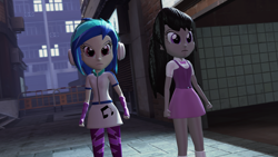 Size: 3612x2032 | Tagged: safe, artist:razethebeast, dj pon-3, octavia melody, vinyl scratch, equestria girls, 3d, building, clothes, duo, fingerless gloves, gloves, headphones, leggings, scenery, skirt, socks, source filmmaker