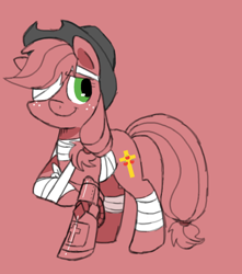 Size: 750x850 | Tagged: safe, artist:yokokinawa, applejack, earth pony, pony, adoracreepy, alternate cutie mark, amputee, appleborg, applejack's hat, bandage, cowboy hat, cross, cute, goretober, hat, jackabetes, prosthetic limb, prosthetics, solo, steampunk, vampire hunter