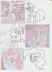 Size: 1702x2339 | Tagged: safe, artist:lazy-turtle, derpibooru import, edit, edited screencap, screencap, pinkie pie, twilight sparkle, earth pony, pony, friendship is magic, anatomy, drawing, sketch, sketch dump, study, traditional art