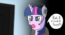 Size: 1728x924 | Tagged: safe, artist:dopeedit, derpibooru import, twilight sparkle, angry, computer, counter-strike: global offensive, headphones, headset, microphone, open mouth, screen, simple background, text, vulgar
