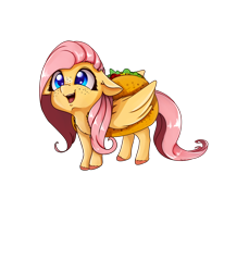 Size: 3200x3500 | Tagged: safe, artist:miokomata, fluttershy, pegasus, pony, chest fluff, clothes, costume, cute, ear fluff, female, filly, floppy ears, fluttertaco, folded wings, food, food costume, freckles, happy, open mouth, pony as food, raised hoof, raised leg, shoulder fluff, shyabetes, simple background, smiling, solo, taco, tacoshy, transparent background, wing fluff, wings