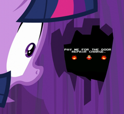 Size: 629x576 | Tagged: safe, derpibooru import, edit, edited screencap, screencap, twilight sparkle, twilight sparkle (alicorn), alicorn, amending fences, door, fire, old man (legend of zelda), text, the legend of zelda, wide eyes