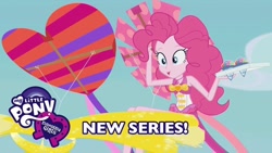 Size: 1280x720 | Tagged: safe, screencap, pinkie pie, better together, equestria girls, too hot to handle, clothes, equestria girls logo, food, geode of sugar bombs, ice cream, kite, shorts, youtube thumbnail