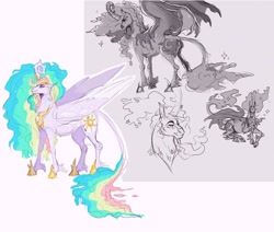 Size: 1024x870 | Tagged: safe, artist:sutexii, nightmare moon, princess celestia, princess luna, alicorn, classical unicorn, pony, unicorn, bat wings, beard, cloven hooves, cutie mark, facial hair, female, horn, leonine tail, mare, simple background, sketch, spread wings, unshorn fetlocks, wings