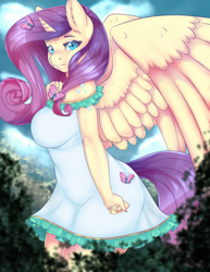 Size: 990x1280 | Tagged: safe, artist:cheezayballz, fluttershy, rarity, alicorn, anthro, breasts, clothes, dress, female, fusion, hootershy, mare, smiling, solo