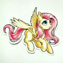 Size: 1080x1080 | Tagged: safe, artist:rikadiane, fluttershy, pegasus, pony, female, flying, looking away, mare, solo, spread wings, traditional art, wings