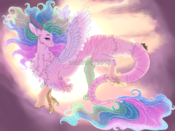 Size: 1200x900 | Tagged: safe, artist:malinraf1615, princess celestia, draconequus, celestequus, draconequified, ethereal mane, female, flowing mane, flowing tail, majestic, solo, species swap, starry mane, watermark