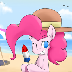 Size: 540x540 | Tagged: safe, artist:genericmlp, pinkie pie, pony, beach, bomb pop, female, food, hat, hoof hold, mare, popsicle, solo