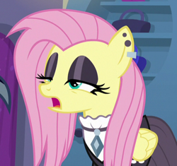 Size: 508x478 | Tagged: safe, screencap, fluttershy, pegasus, pony, fake it 'til you make it, cropped, eyeshadow, female, fluttergoth, lidded eyes, makeup, mare, open mouth, solo