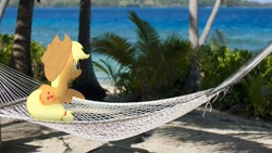 Size: 2120x1192 | Tagged: safe, artist:stormxf3, applejack, earth pony, pony, beach, female, hammock, irl, leaning, mare, palm tree, photo, plot, ponies in real life, prone, smiling, solo, tree