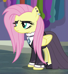 Size: 438x478 | Tagged: safe, screencap, fluttershy, pegasus, pony, fake it 'til you make it, cropped, eyeshadow, female, fluttergoth, lidded eyes, makeup, mare, solo