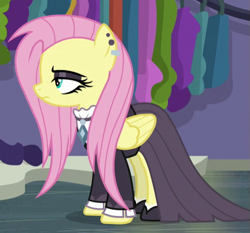 Size: 513x478 | Tagged: safe, screencap, fluttershy, pegasus, pony, fake it 'til you make it, cropped, ear piercing, earring, eyeshadow, female, fluttergoth, jewelry, lidded eyes, makeup, mare, piercing, solo