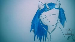 Size: 1632x918 | Tagged: safe, artist:shockwavejet, dj pon-3, vinyl scratch, pony, unicorn, calm, earbuds, eyes closed, missing accessory, smirk, solo