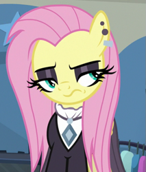 Size: 433x508 | Tagged: safe, screencap, fluttershy, pegasus, pony, fake it 'til you make it, cropped, ear piercing, earring, eyeshadow, female, fluttergoth, jewelry, lidded eyes, makeup, mare, piercing, solo, unamused