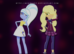 Size: 699x509 | Tagged: safe, artist:miqueart, applejack, sugarcoat, equestria girls, friendship games, alternate hairstyle, alternate universe, clothes, crystal prep academy uniform, female, glasses, leggings, school uniform, skirt, socks