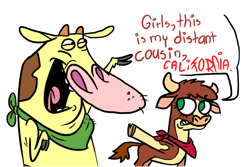 Size: 898x599 | Tagged: safe, artist:fancykarp, arizona cow, cow, them's fightin' herds, cartoon network, cloven hooves, community related, cow and chicken, crossover, dialogue, doubt, female, greeting, pointing, simple background, smiling, white background