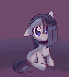 Size: 564x624 | Tagged: safe, artist:pekou, marble pie, earth pony, pony, cute, female, frown, gradient background, marblebetes, mare, sitting, solo