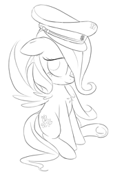 Size: 673x1026 | Tagged: safe, artist:otherdrawfag, fluttershy, pegasus, pony, cute, fascism, female, floppy ears, germany, hat, lineart, looking at you, mare, military, monochrome, peaked cap, shyabetes, sitting, solo