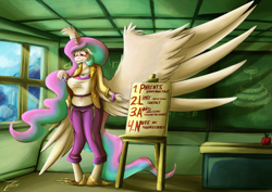 Size: 2829x2000 | Tagged: safe, artist:jamescorck, princess celestia, principal celestia, alicorn, anthro, unguligrade anthro, equestria girls, apple, blushing, breast expansion, breasts, chalkboard, classroom, cleavage, clothes, clothing damage, desk, easel, equestria girls outfit, female, food, growth, human to anthro, midriff, princess breastia, short shirt, solo, surprised, transformation, window, wings