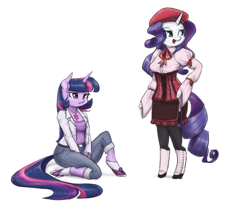 Size: 1280x1093 | Tagged: safe, artist:king-kakapo, rarity, twilight sparkle, anthro, unguligrade anthro, arm hooves, belt, boots, breasts, clothes, corset, duo, hat, jeans, multiple variants, necklace, open mouth, pants, ribbon, shoes, simple background, skirt, socks, stockings, white background