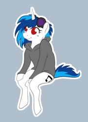 Size: 760x1052 | Tagged: safe, artist:krewcia, dj pon-3, vinyl scratch, pony, unicorn, clothes, hoodie, red eyes, sitting, solo, wrong eye color