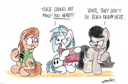 Size: 2351x1552 | Tagged: safe, artist:bobthedalek, dj pon-3, octavia melody, vinyl scratch, oc, earth pony, pony, unicorn, angry, black friday, clothes, dialogue, open mouth, scarf, shirt, shopping basket, simple background, sitting, traditional art, white background