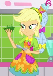 Size: 505x720 | Tagged: safe, screencap, applejack, eqg summertime shorts, equestria girls, shake things up!, clothes, cropped, female, grass, hat, skirt, smiling