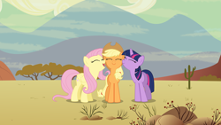 Size: 7680x4320 | Tagged: safe, artist:iknowpony, derpibooru import, applejack, fluttershy, twilight sparkle, unicorn twilight, earth pony, pegasus, pony, unicorn, the last roundup, .svg available, absurd resolution, appleshy, cactus, cutie mark, desert, eyes closed, female, hooves, horn, lesbian, mare, open mouth, shipping, smiling, snuggling, solo, trio, twijack, vector, wings