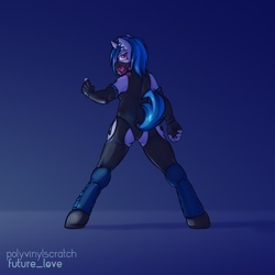 Size: 4000x4000 | Tagged: safe, artist:krd, dj pon-3, vinyl scratch, anthro, unguligrade anthro, unicorn, abstract background, absurd resolution, album cover, clothes, earring, female, fingerless gloves, gloves, latex, latex suit, looking at you, mask, piercing, solo