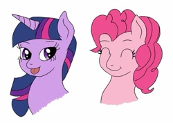 Size: 739x527 | Tagged: safe, artist:taynasimbahuman, pinkie pie, twilight sparkle, earth pony, pony, unicorn, bust, eyes closed, simple background, tongue out, white background