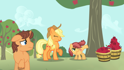 Size: 1024x576 | Tagged: safe, artist:saukapie, applejack, oc, oc:honey crisp, oc:solar flare, earth pony, pony, unicorn, offspring, parent:applejack, parent:caramel, parents:carajack, story included