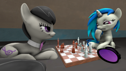 Size: 2560x1440 | Tagged: safe, artist:cjwong34, dj pon-3, octavia melody, vinyl scratch, earth pony, pony, 3d, chess, chessboard, poster, prone, sitting, smiling, smirk, source filmmaker, sunglasses, worried