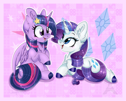 Size: 1024x819 | Tagged: safe, artist:pvrii, derpibooru import, rarity, twilight sparkle, twilight sparkle (alicorn), alicorn, pony, unicorn, cute, magic, raribetes, twiabetes