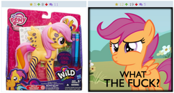 Size: 770x412 | Tagged: safe, screencap, scootaloo, the show stoppers, derpibooru, design a pony, exploitable meme, image macro, juxtaposition, juxtaposition win, markers, meme, meta, official, solo, sticker set, toy, vulgar, wild rainbow