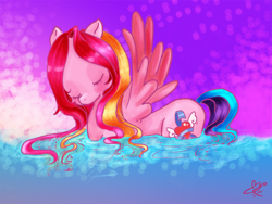 Size: 800x600 | Tagged: safe, artist:cloverminto, pegasus, pony, g3, eyes closed, female, mare, solo, spread wings, twilight pink, water, wings