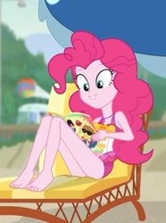 Size: 402x540 | Tagged: safe, screencap, feather bangs, pinkie pie, better together, equestria girls, friendship math, barefoot, clothes, cropped, feet, female, geode of sugar bombs, magazine, magical geodes, smiling, solo, swimsuit