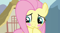 Size: 1280x720 | Tagged: safe, screencap, fluttershy, pegasus, pony, keep calm and flutter on, blushing, cute, female, mare, shyabetes, solo