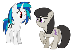 Size: 808x558 | Tagged: safe, artist:derphed, dj pon-3, octavia melody, vinyl scratch, earth pony, pony, unicorn, .svg available, cutie mark, female, hooves, horn, mare, plot, raised hoof, simple background, smiling, svg, transparent background, vector, wrong eye color