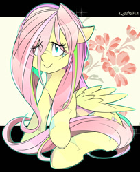 Size: 1200x1470 | Tagged: safe, artist:tyuubatu, fluttershy, pegasus, pony, female, mare, sitting, smiling, solo