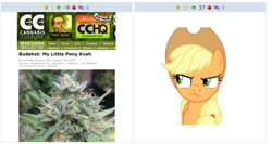 Size: 650x347 | Tagged: safe, artist:birdivizer, derpibooru import, applejack, earth pony, pony, derpibooru, exploitable meme, horse news, juxtaposition, juxtaposition win, looking around, marijuana, meme, meta, solo, suspicious